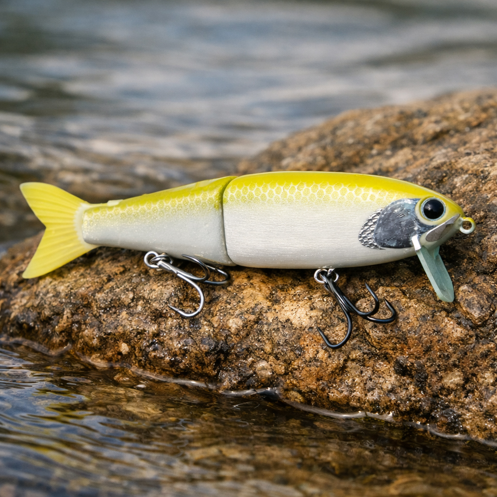 Swimbait articulado artesanal para pesca de black bass, apoyado sobre una roca junto al agua, ideal para pre-freza y búsqueda de hembras grandes diseñado por David Arcas