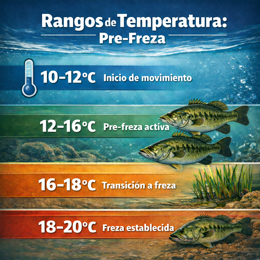 Infografía de rangos de temperatura en pre-freza del black bass: 10–12°C inicio de movimiento, 12–16°C pre-freza activa, 16–18°C transición y 18–20°C freza establecida.
