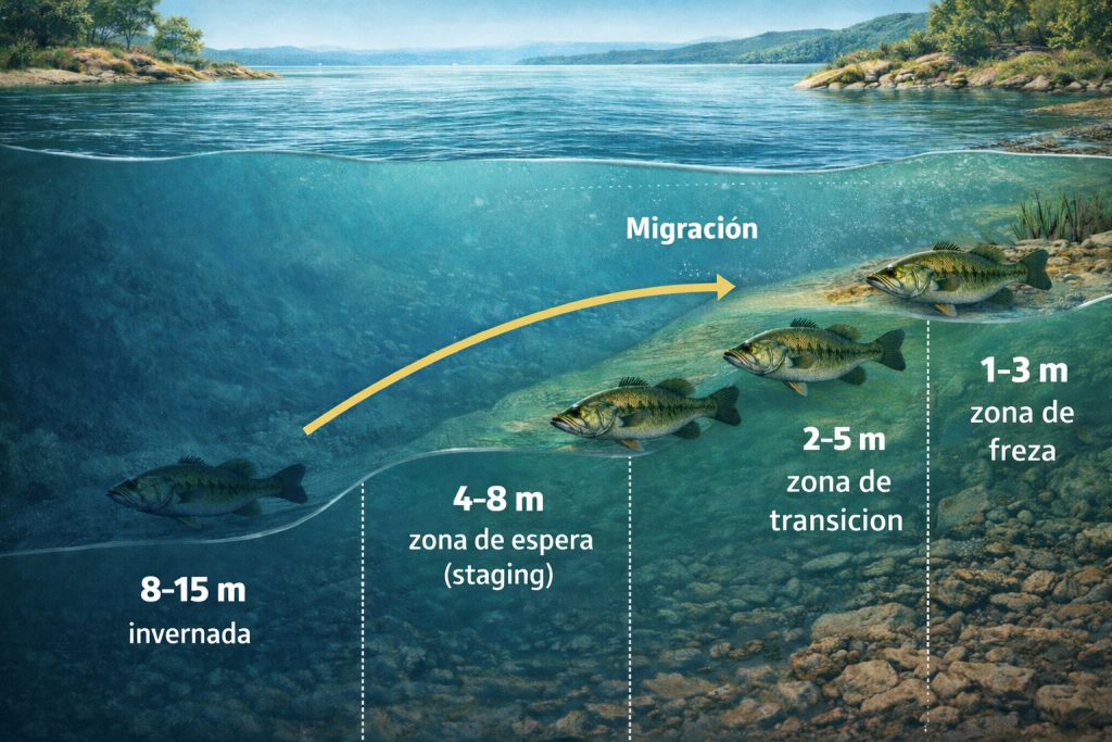 Infografía de pre-freza del black bass mostrando la migración por escalones: 8–15 m invernada, 4–8 m zona de espera (staging), 2–5 m zona de transición y 1–3 m zona de freza.