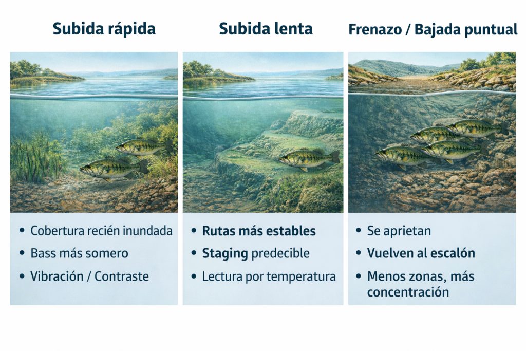 Infografía sobre niveles de embalse en pre-freza del black bass: subida rápida, subida lenta y frenazo o bajada puntual, con su impacto en localización y estrategia de pesca